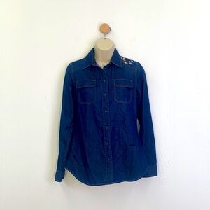 Pendleton -Vintage Dark Denim Button Up With Floral on Shoulder & Back XXS